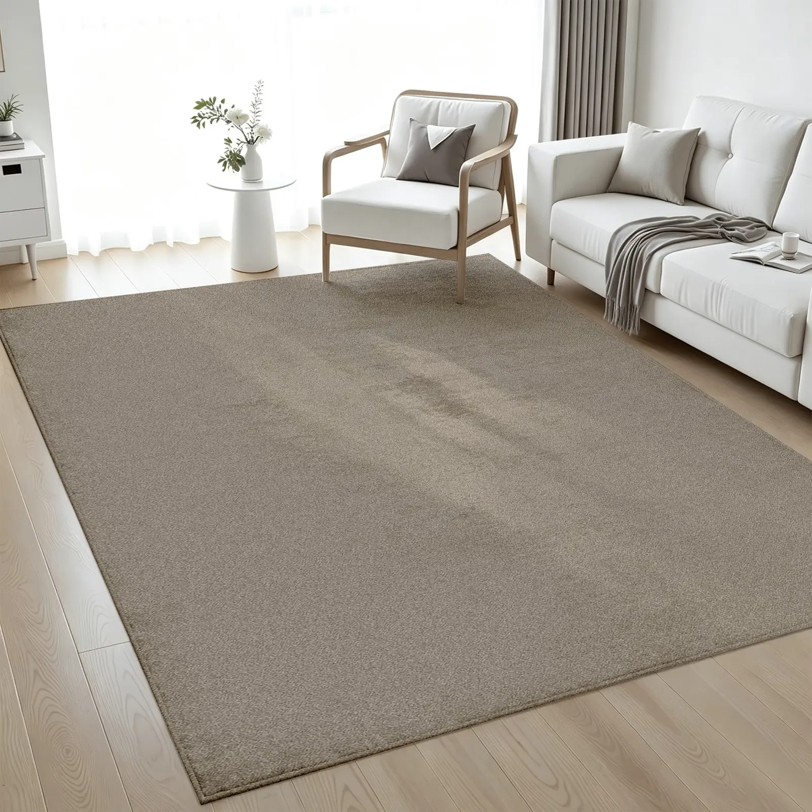 5x7ft Area Rug Solid Warm Taupe Neutral Carpet, Soft Low-Pile Plush Non-Slip Machine Washable Floor Rug, Cozy Modern Home Decor for Living Room Bedroom Dining Room Office Workspace, Perfect New Home Housewarming Gift Home Decor