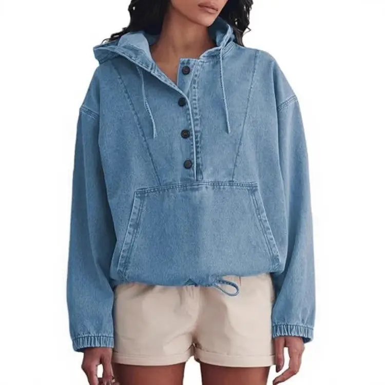 Women’s Light Wash Denim Hoodie, Oversized Half Button Pullover Jacket with Drawstring Hood, Kangaroo Pocket & Elastic Cuffs, Casual Relaxed Jean Sweatshirt for Streetwear, Travel, Weekend & Everyday Wear