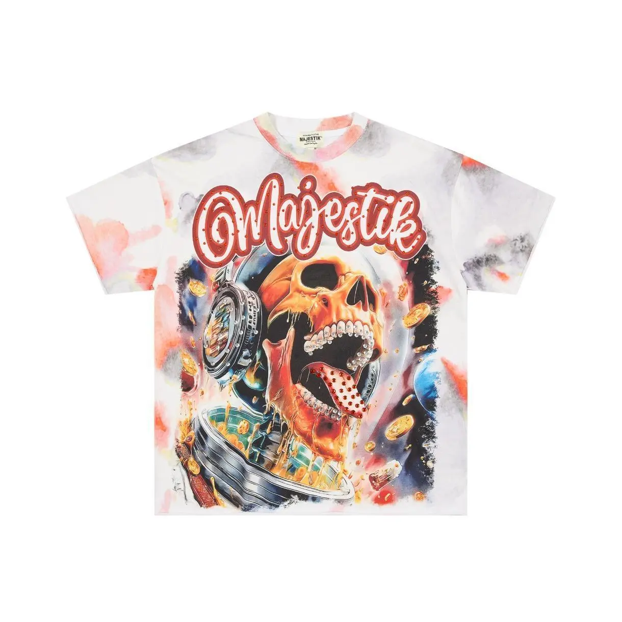 MAJESTIK 2026 New Collection Unisex Terry Fabric Short Sleeve T-Shirt, American High Street Hip Hop Distressed Washed Tee with Sparkle Rhinestone Detail, Summer Coachella, Spring Break, 4th of July, Back to School, Halloween Casual Festival Streetwear Top