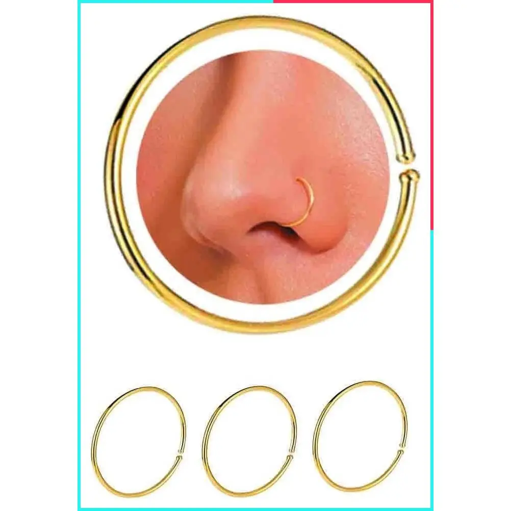 14K Gold Nose Ring Hoop for Women - Thin 22 Gauge Nose Piercing Jewelry, 3pcs 8mm