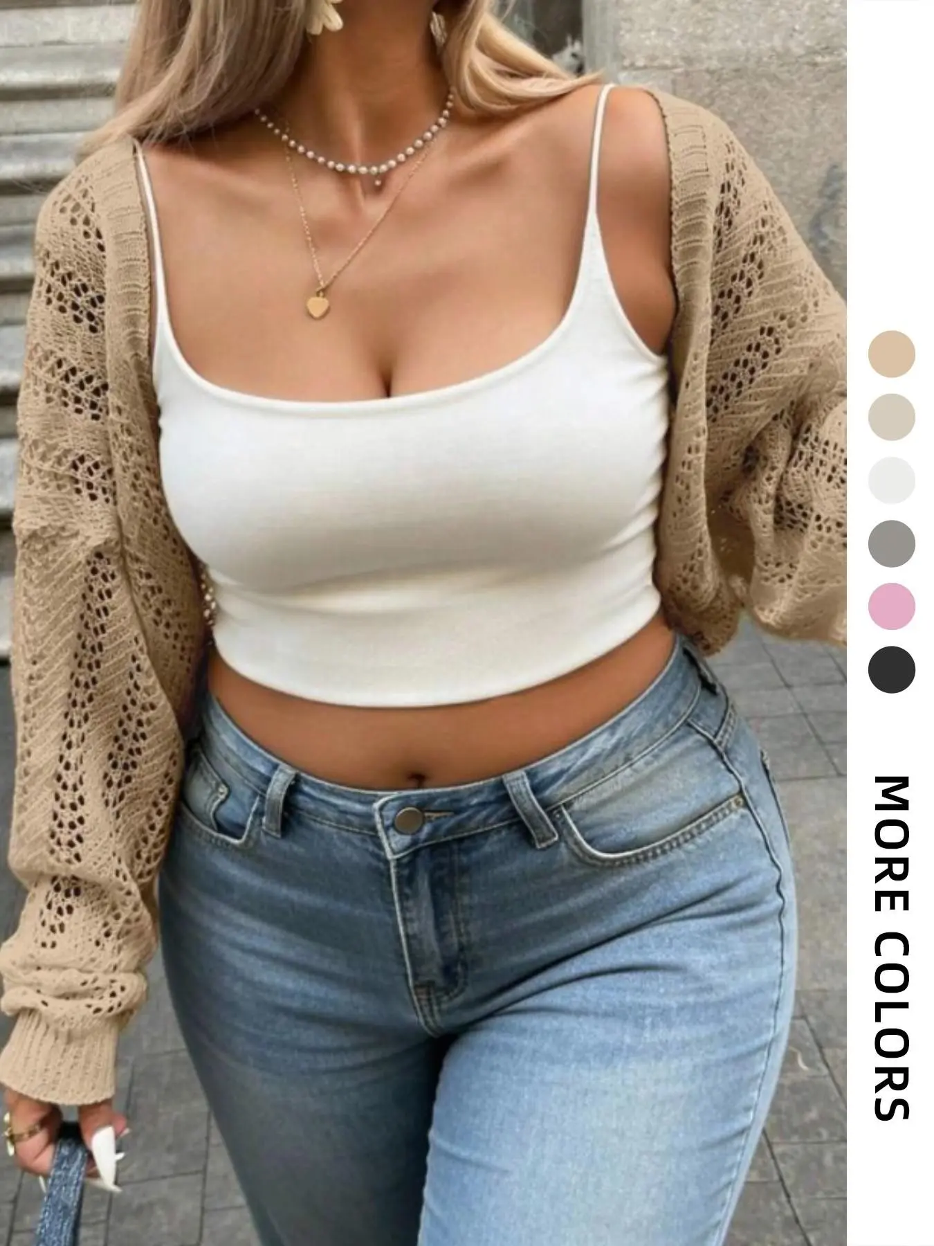 Plus Size Women Batwing Sleeve Openwork Design Lightweight Knit Cardigan, Stylish and Comfortable Pullover for Everyday Casual Wear