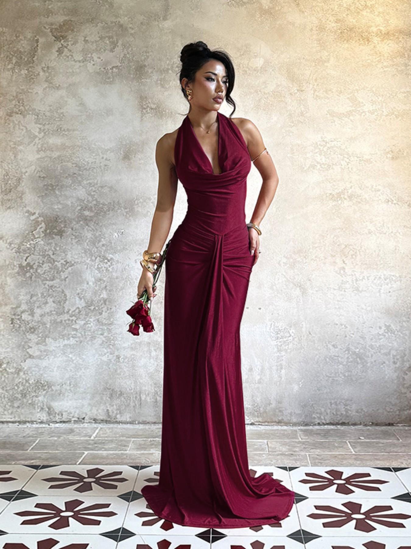 Elegant Halter Neck Stand Collar Dress, Backless Design, Perfect for Special Occasions, Evening Wear & Formal Wear, Stylish Women's Gown