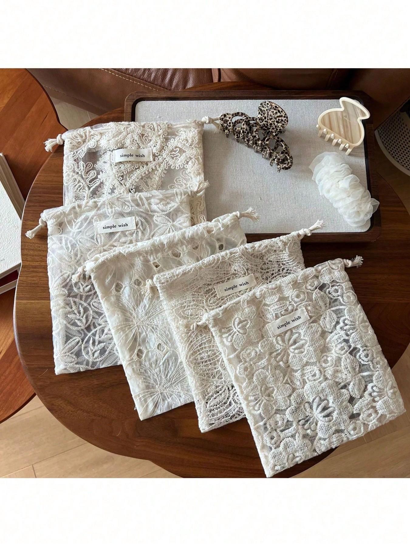 Vintage Art Apricot Lace Embroidered Makeup Bag, Single Layer Drawstring Small Pouch, Large Capacity Portable Storage Bag, Travel Essential Gift Bag