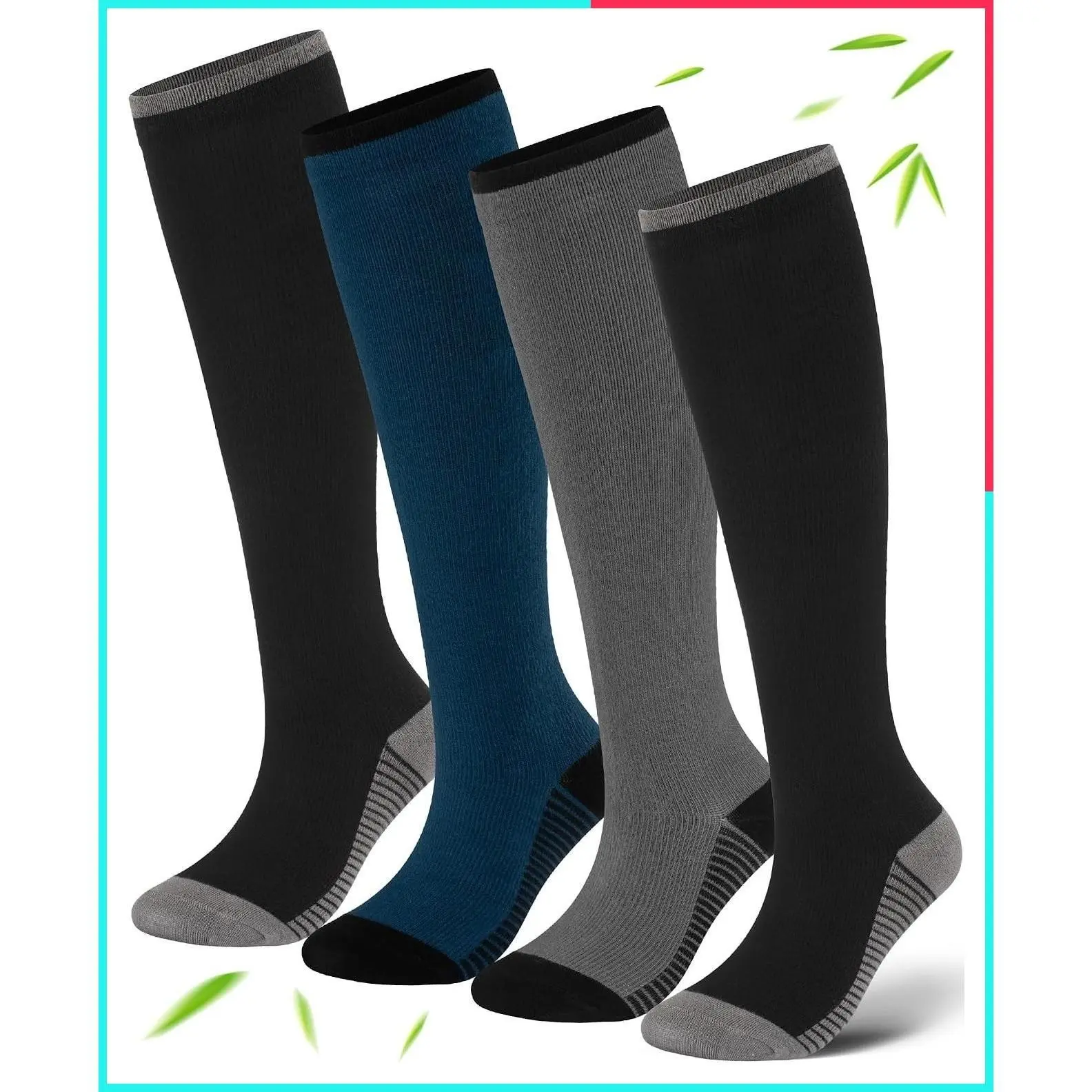 4 Pairs Bamboo Viscose Compression Socks for Women & Men - 15-20 mmHg Knee High Support Socks for Nurses, Daily Travel, Pregnancy