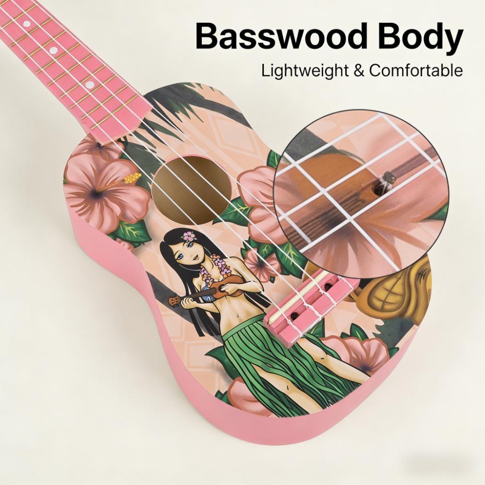 Cute Style 21 Inch Ukulele Hawaiian Girl Soprano Ukulele with Colorful Design for Beginner Practice and Summer Music Playing