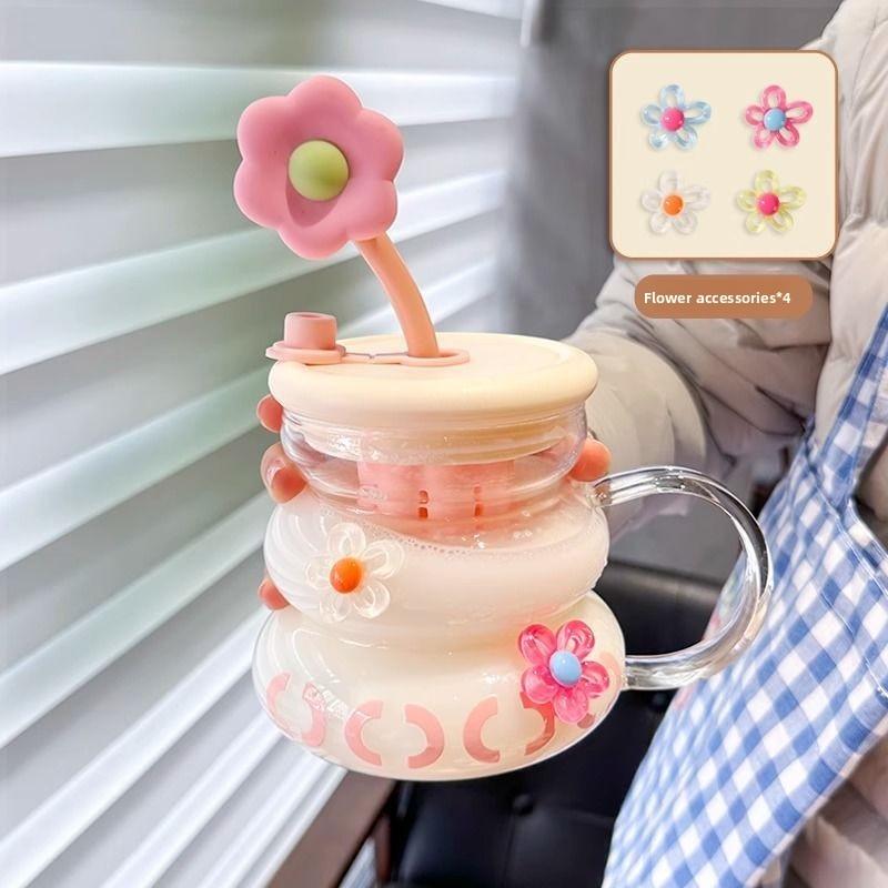 Cute Flower Glass Mug Cup with Flower Straw, Supports Straw Drinking and Direct Drinking, Meets Different Drinking Needs, Perfect for Everyday Use, Drinkware