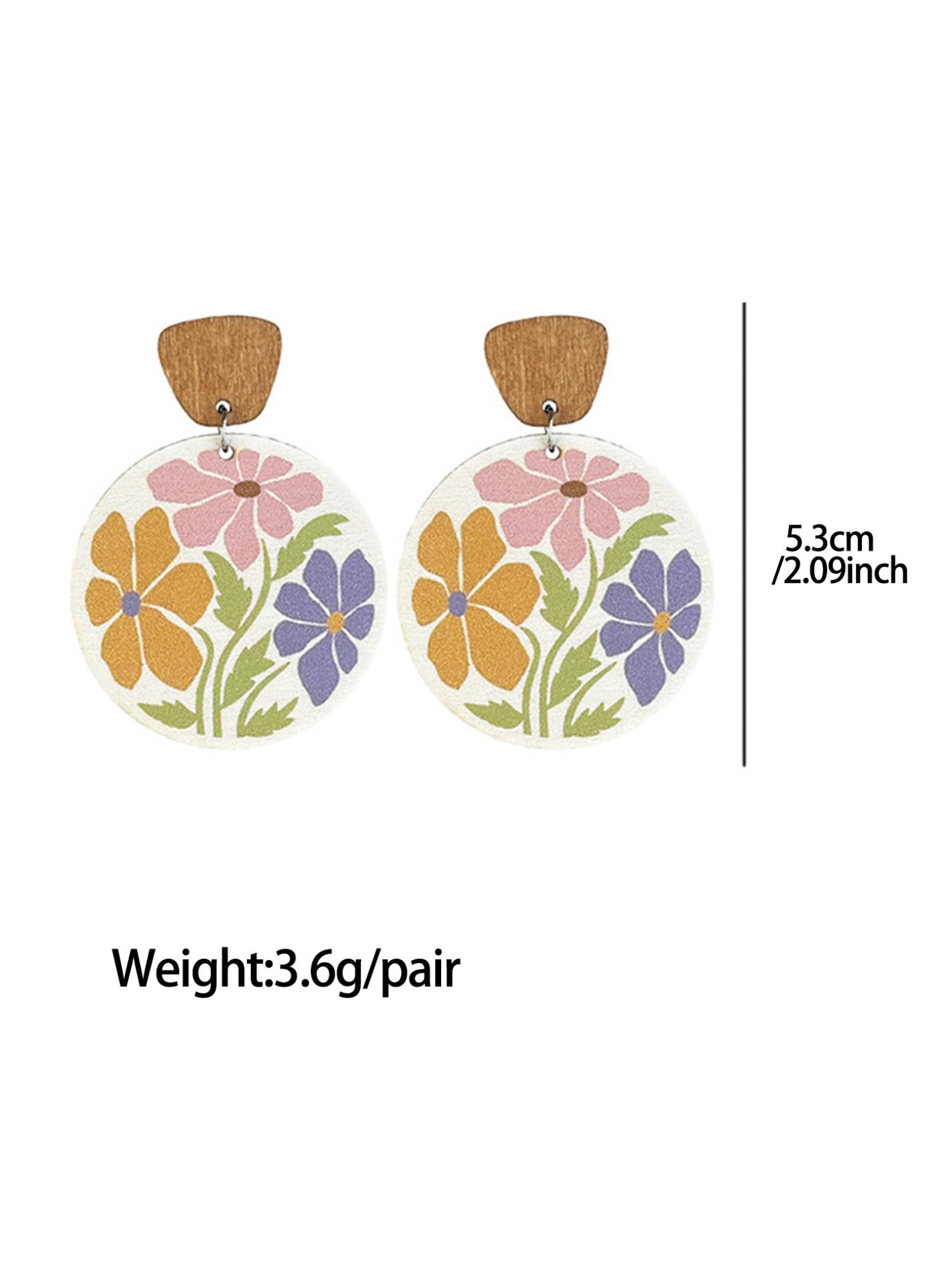 Vintage Floral Boho Drop Earrings, Multicolor Wooden Round Porcelain Studs, All-Over Print Design, Perfect for Spring & Summer