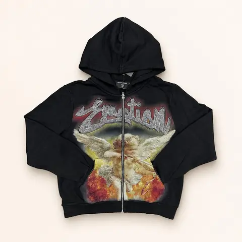 MIXED EMOTION Y2K Graphic Zip Up Hoodie, 100% Heavyweight Cotton Rhinestone Washed Hoodie, Vintage Gothic Streetwear Oversized Hooded Jacket for Men Women