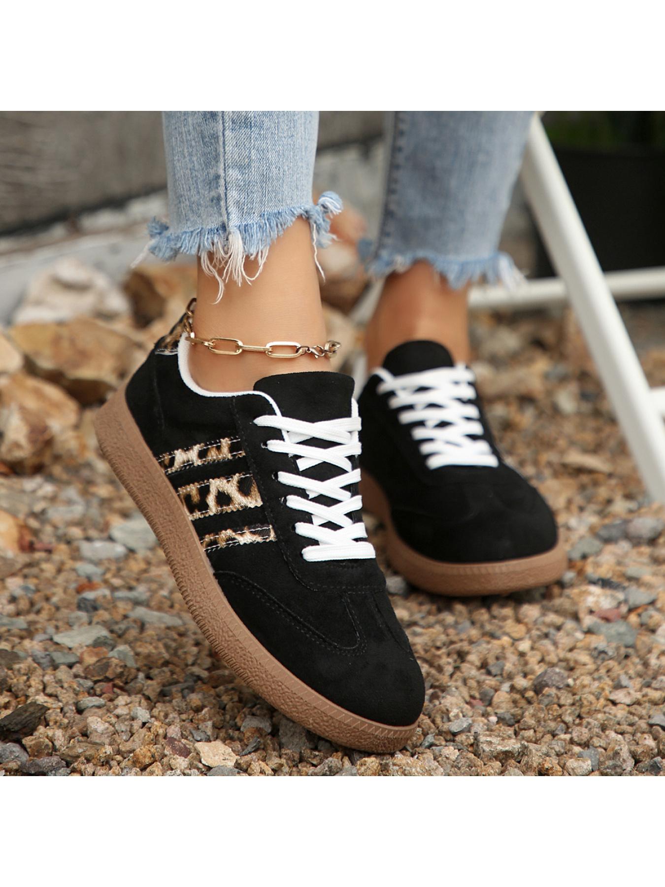 Women's 2.5cm Platform Leopard Print Sneakers, Black/Beige, Retro 3-Stripe Casual Shoes