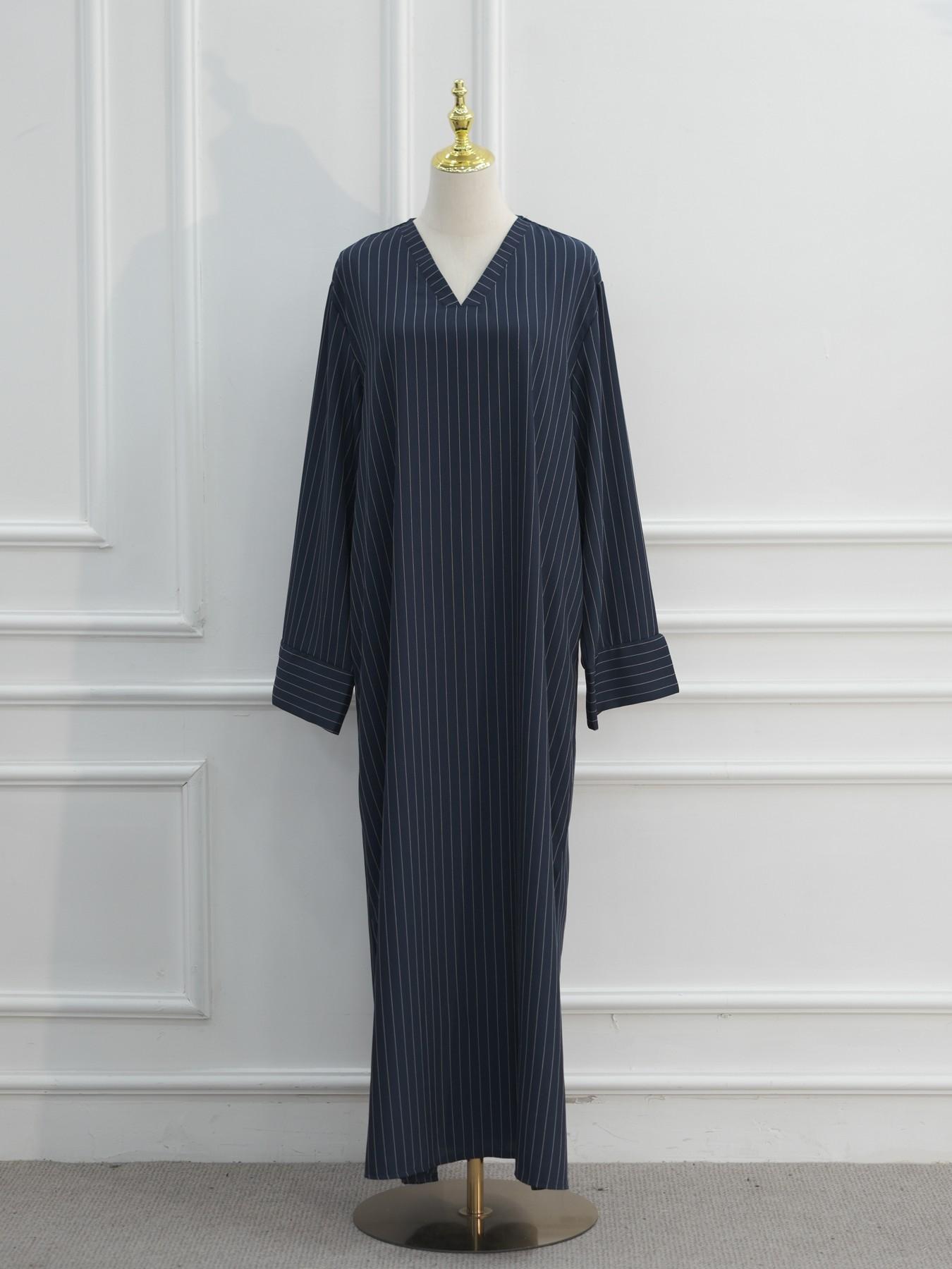 Muslim Women's Loose Striped V Neck Dress Robe, Strong Wrapping, Contains Pockets, No Headscarf, Long Sleeve, Modest Style