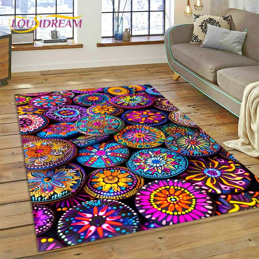 Colorful Crochet Mandala Flannel Area Rug - Boho Ethnic Woven Pattern Print Soft Mat for Living Room, Non-Slip Bohemian Home Decor #BohoMandalaRug #ColorfulCrochetMat #EthnicHomeDecor #2DWovenCarpet #NonSlipFlannelRug