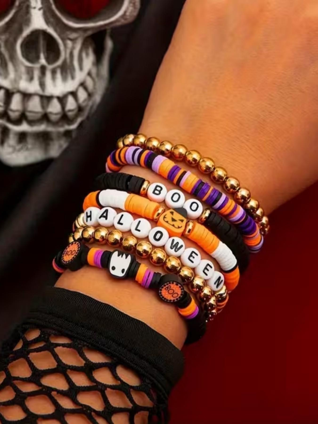 7pcs Halloween Themed Party Bracelets, Cool & Spicy Vintage Pumpkin Head Design, Polymer Clay Beaded Jewelry Set, Fashion Bracelet Sets, Perfect for Festive Events