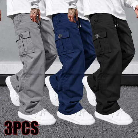3-pack men’s cargo pants, solid-color casual loose work trousers, comfortable outdoor training pants, multi-color-ideal for casual daily wear, light outdoor activities, work, hiking and camping,wide,leg,fit