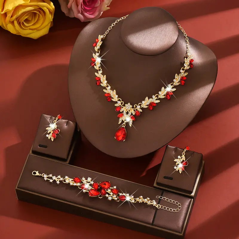 Eco-Friendly Fashion Jewelry Set - Shimmering, Stylish Flowers Crystal Water Drop Bridal Necklace, Earrings & Bracelet, Flowers Jewelry Sets, Shimmering Jewelry Sets