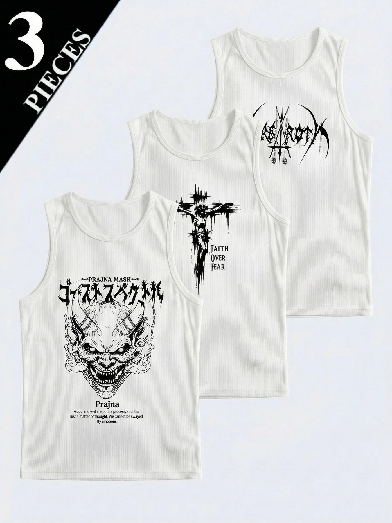 3PCS Men's Graphic Ribbed Tank Tops Multipack | Dark Aesthetic Gothic Sleeveless Shirts | Y2K Streetwear Punk Vest for Gym & Club | Breathable Grunge Style Muscle Tanks | Edgy Cyber Hell Graphic Tops | Value Pack Wardrobe Essentials