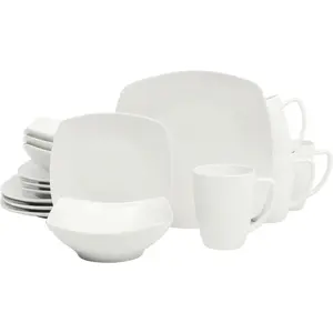 White Porcelain Dinnerware Set for 4, Square Plates Bowls and Mugs, Chip and Scratch Resistant, Dishwasher and Microwave Safe, 16 Piece