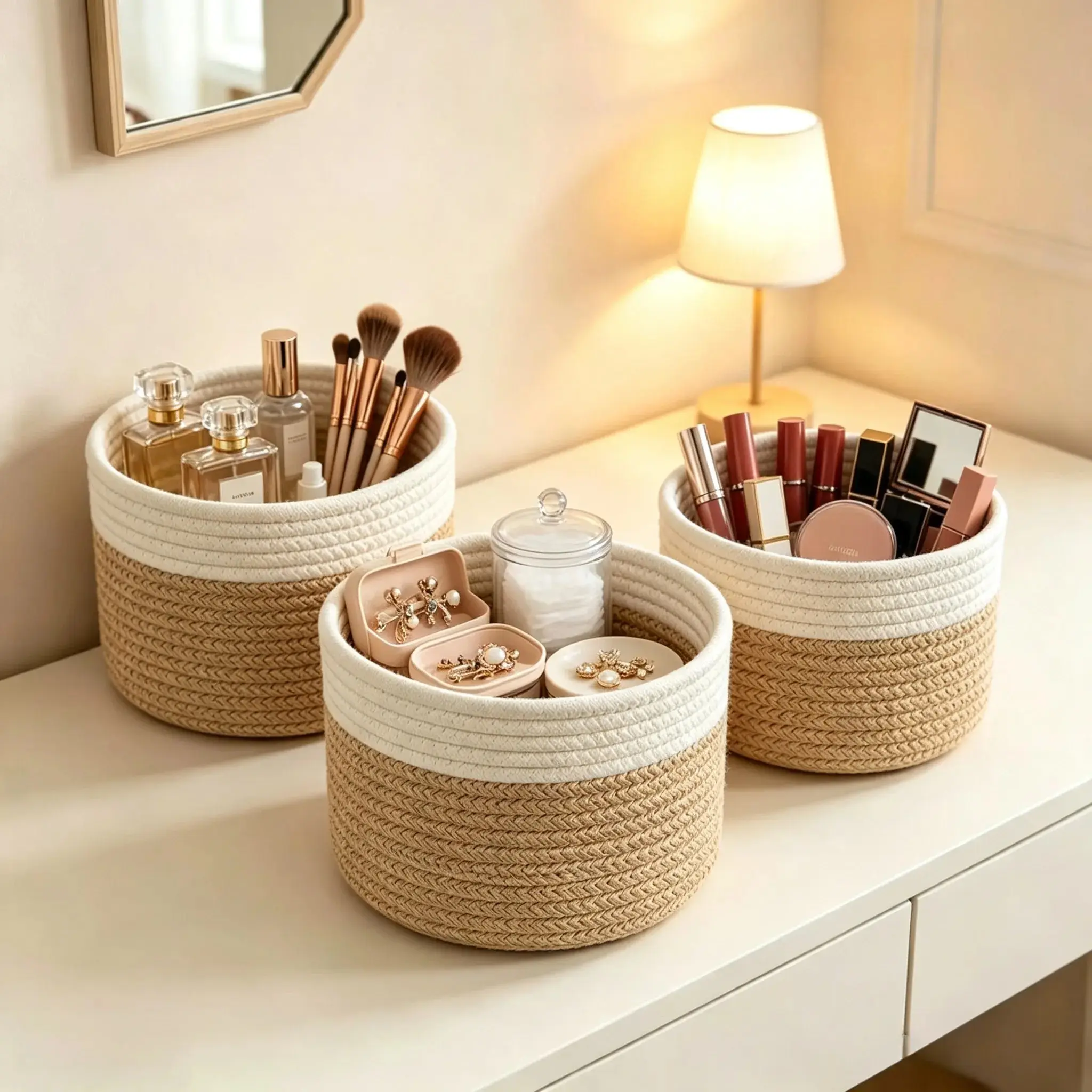 Rustic Bohemian Style Cotton Storage Basket, Multi-Purpose Home Organizer, Space-Saving, Ideal for Beauty Products and Makeup Brushes