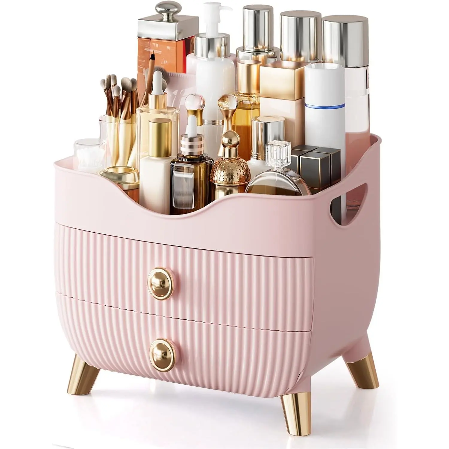 Makeup Organizer Countertop, Large Capacity Skincare Organizer for Vanity| Cosmetics Organizer with Drawes & Handle, Cosmetic Display Cases Storage Box for Dresser, Bathroom, Gifts for Women(Pink)