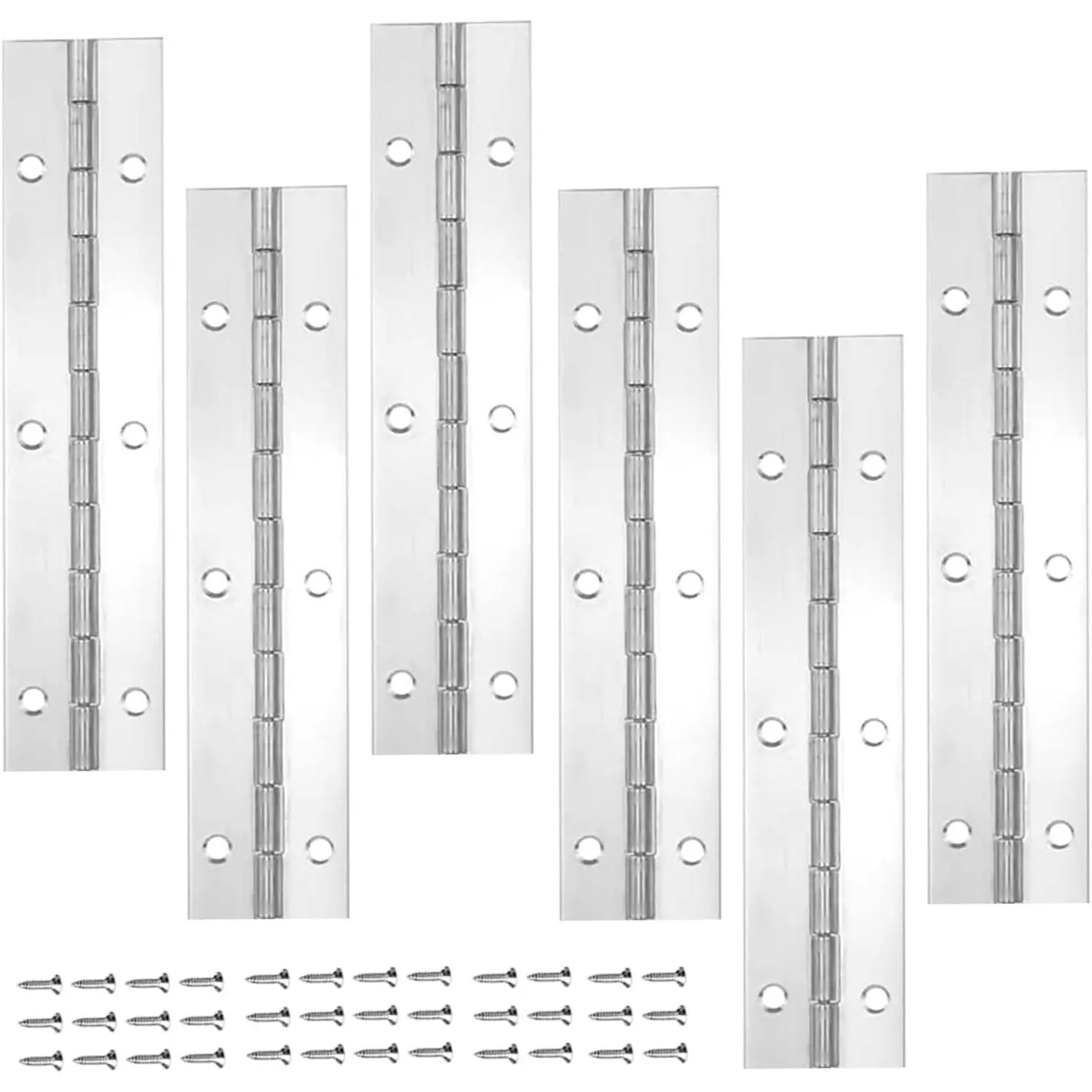 6Pack Silver Continuous & Piano Hinge 1.2" Open Width X 0.04" Thickness X 6" Heavy Duty with Hole Polished Stainless Furniture Hinge for Boats Cabinets Storage Box 36 Screws Included