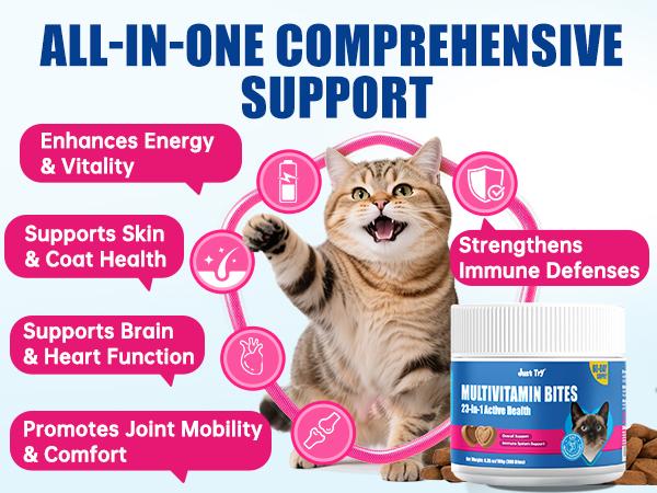 Just Try All-in-One Cat Vitamin Bites for Overall Health Support - Cat Multivitamin with Taurine, L Lysine, Fish Oil for Immune, Heart, Vision & Skin Health - Delicious Soft Chews for Indoor Cats & Kittens