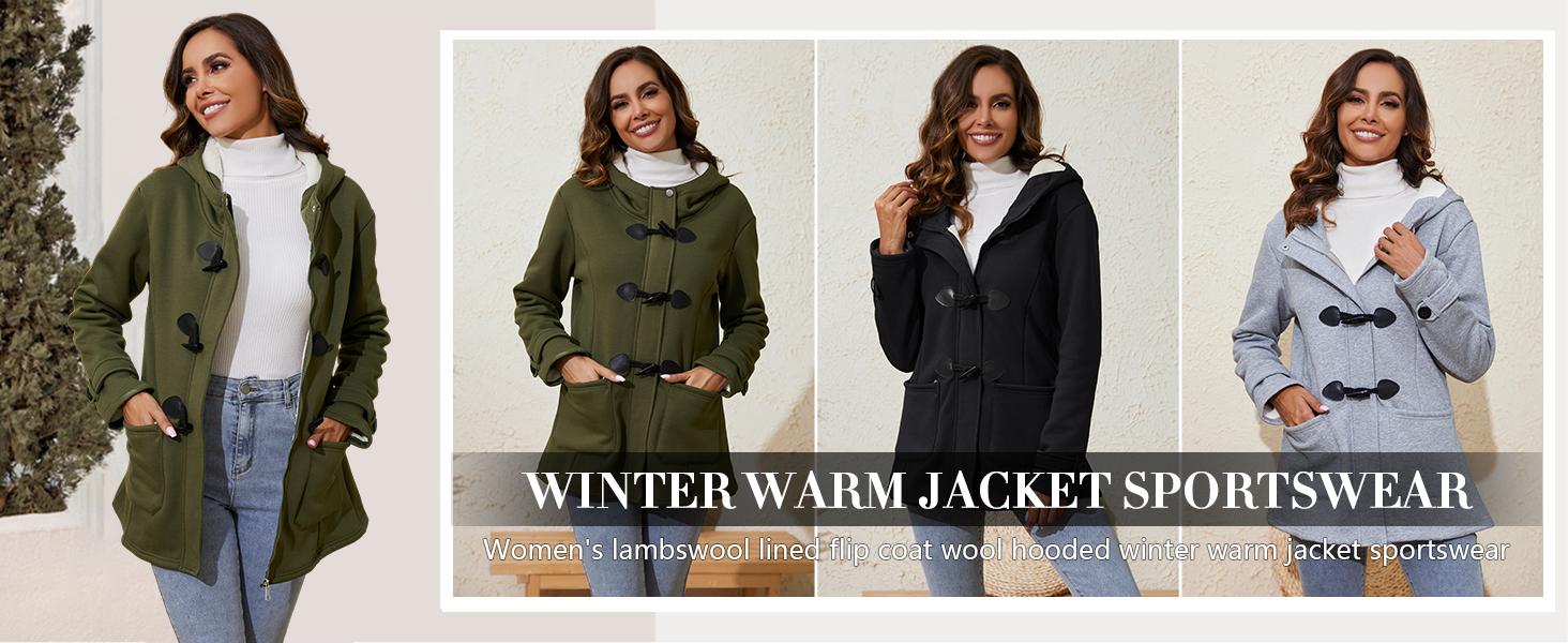 Yimoon Winter Jackets for Women Sherpa Lined Jacket Women Duffle Toggle Coat Hooded Fleece Jacket Long Sleeve Fitted
