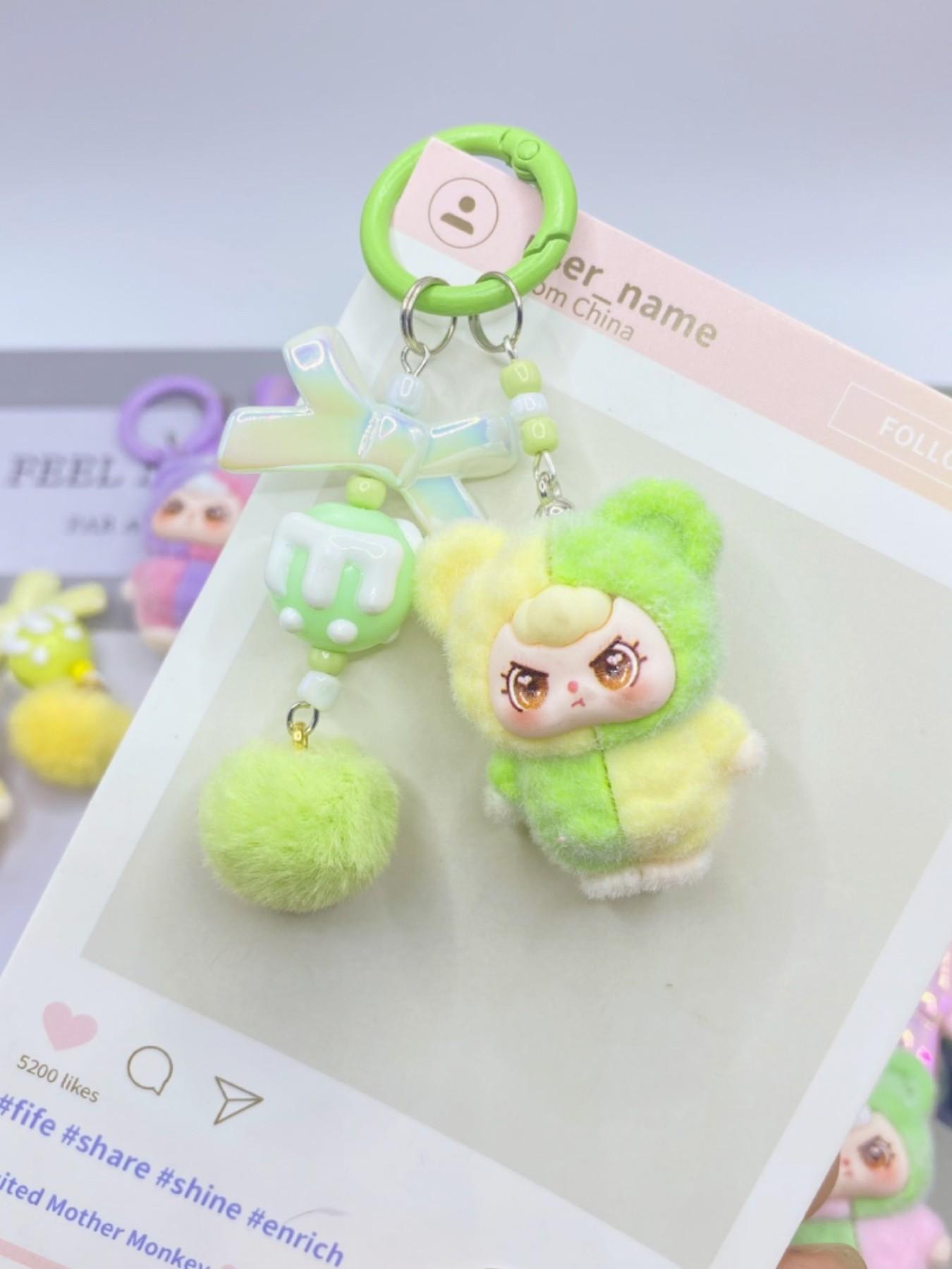 Kawaii Cute Dopamine Flocked 3-Year-Old Doll Keychain, Color Block Bow Moe Beads Bag Charm, Sweet Backpack Pendant Car Key Ornament Phone Strap, Ideal Birthday Christmas Valentine's Day Gift for Student Girls