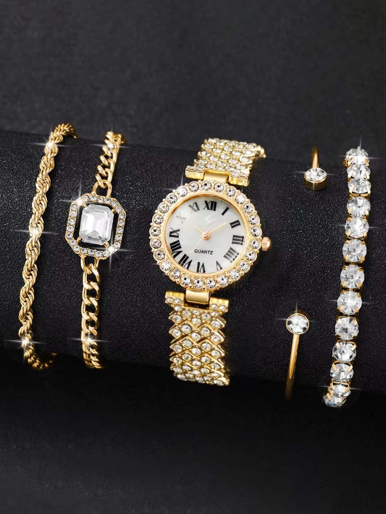 5-piece set of fashionable Trendy Roman numeral diamond-embellished ladies' quartz watch bracelet wristwatch set