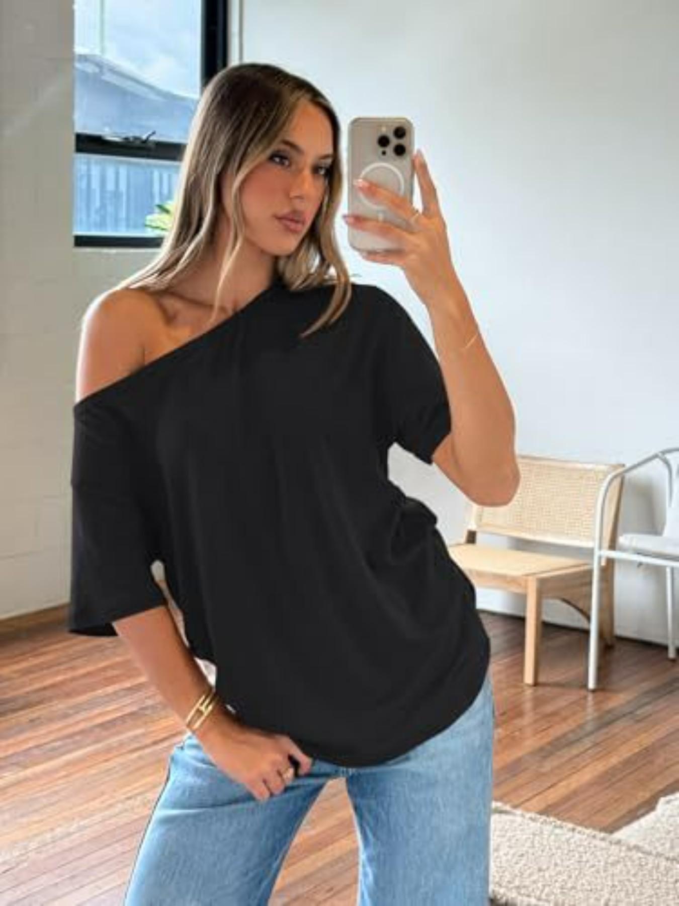 2026 Women Summer Casual Off Shoulder T Shirts Batwing Short Sleeve Loose Solid Color Basic Tee Tops