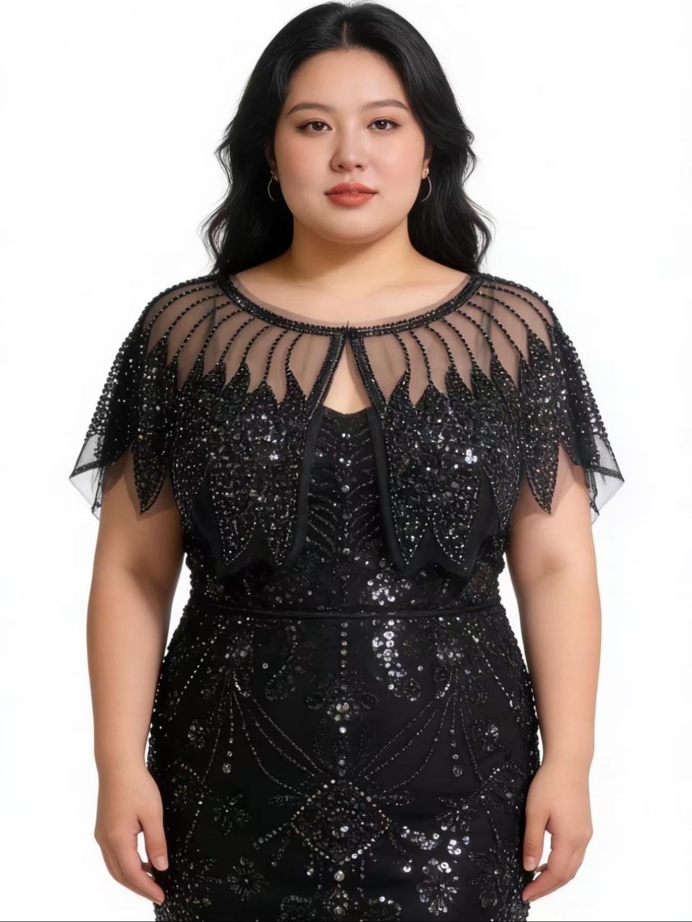 Sequined Beaded Vintage Polyester Mesh Evening Gown Shawl, Perfect for Weddings, Parties, Banquets, Hand Washable, Retro Elegance
