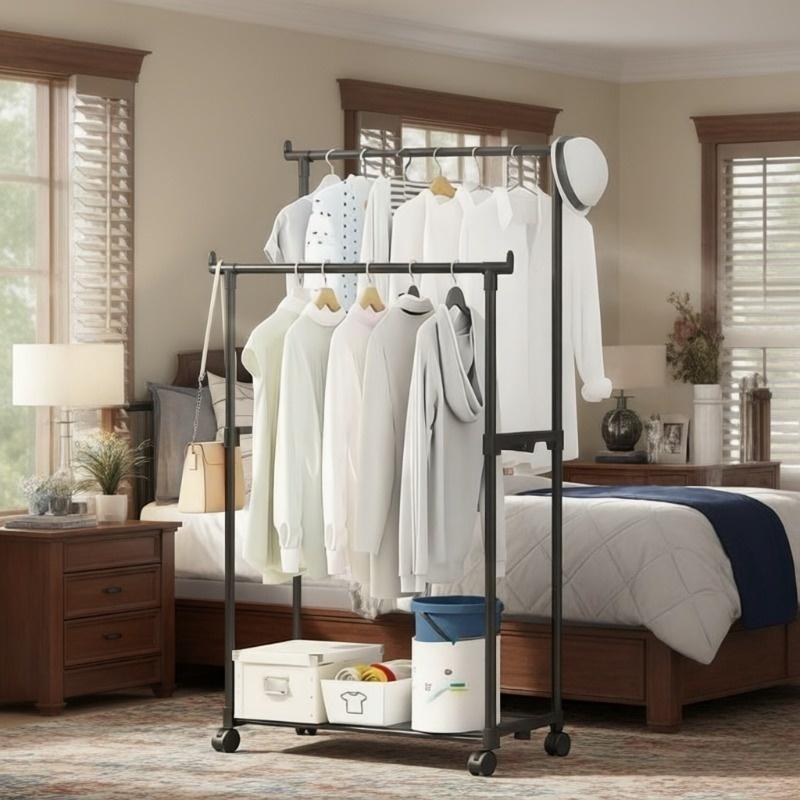 1 double pole simple multifunctional household floor Laundry drying rack, clothes drying pole assembly, clothes drying storage rack, clothes hanging rack storage rack with storage layer rack, drying and storage 2-in-1 Shelf Single Layer Rack