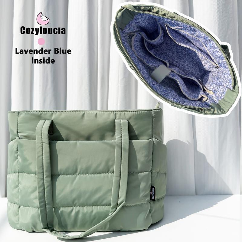 CozyLoucia Cute Puffer Tote Bag for Women Pink Flower Print Interior Laptop Shoulder Handbag, Lightweight Best Tote Bag for Work with Multiple Compartments for Travel , Work  and School ,Christmas Gift Ideas