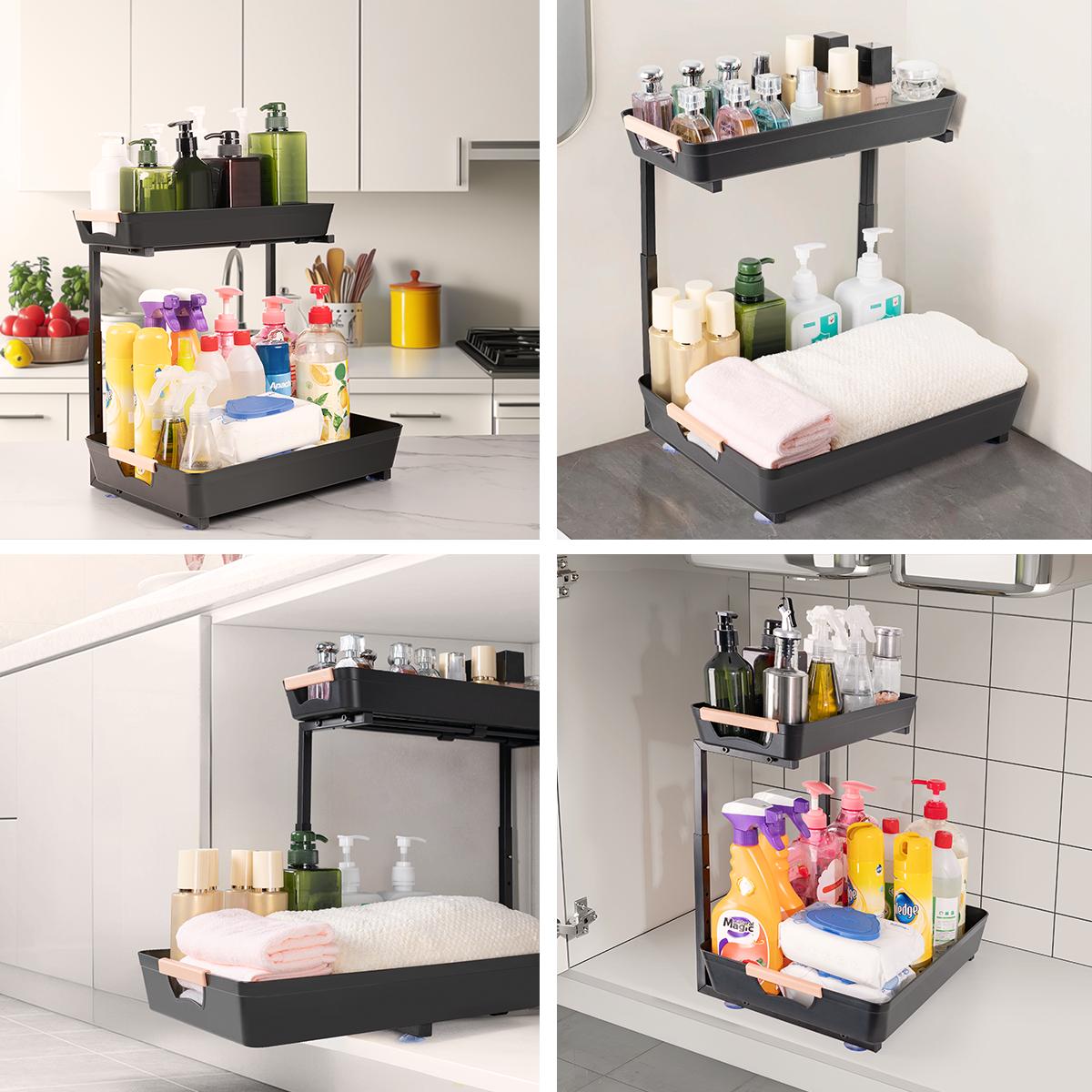 Metal Slide out Under Sink Organizers and Storage Shelves, Adjustable Pull Out Under Cabinet Organizer Shelf, Under Sink Storage for Kitchen/Bathroom