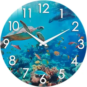 Crosstime 12 Inch Outdoor Clock – Waterproof Tempered Glass with Sea Turtle Underwater Scene, UV Resistant, Battery Operated, Silent – Coastal Wall Decor for Patio, Pool, Garden, Backyard & Bathroom