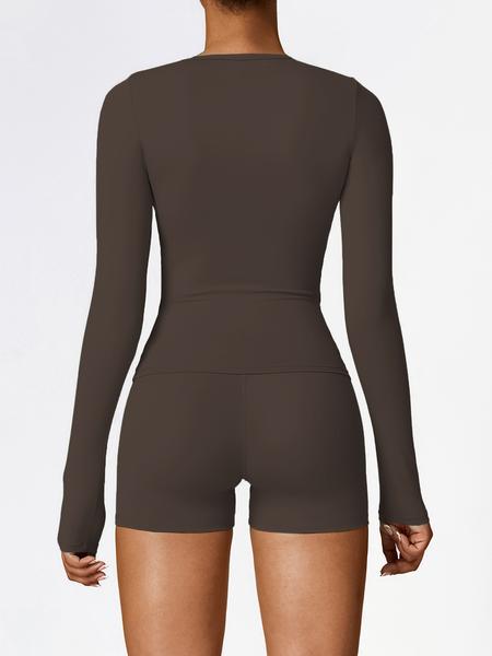 Women's Sporty Long Sleeve Top & Shorts Set, High Waist Tight-Fit Above Knee Activewear, Sweat-Wicking Quick-Dry Fabric for All Seasons, Solid Sports Sets