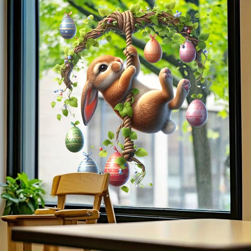 Charming Rabbit Easter Egg Window Stickers, Floral Design, Wall Decor, Home Decoration, Party Supplies, Unique Gift, Eye-Catching Easter Decor