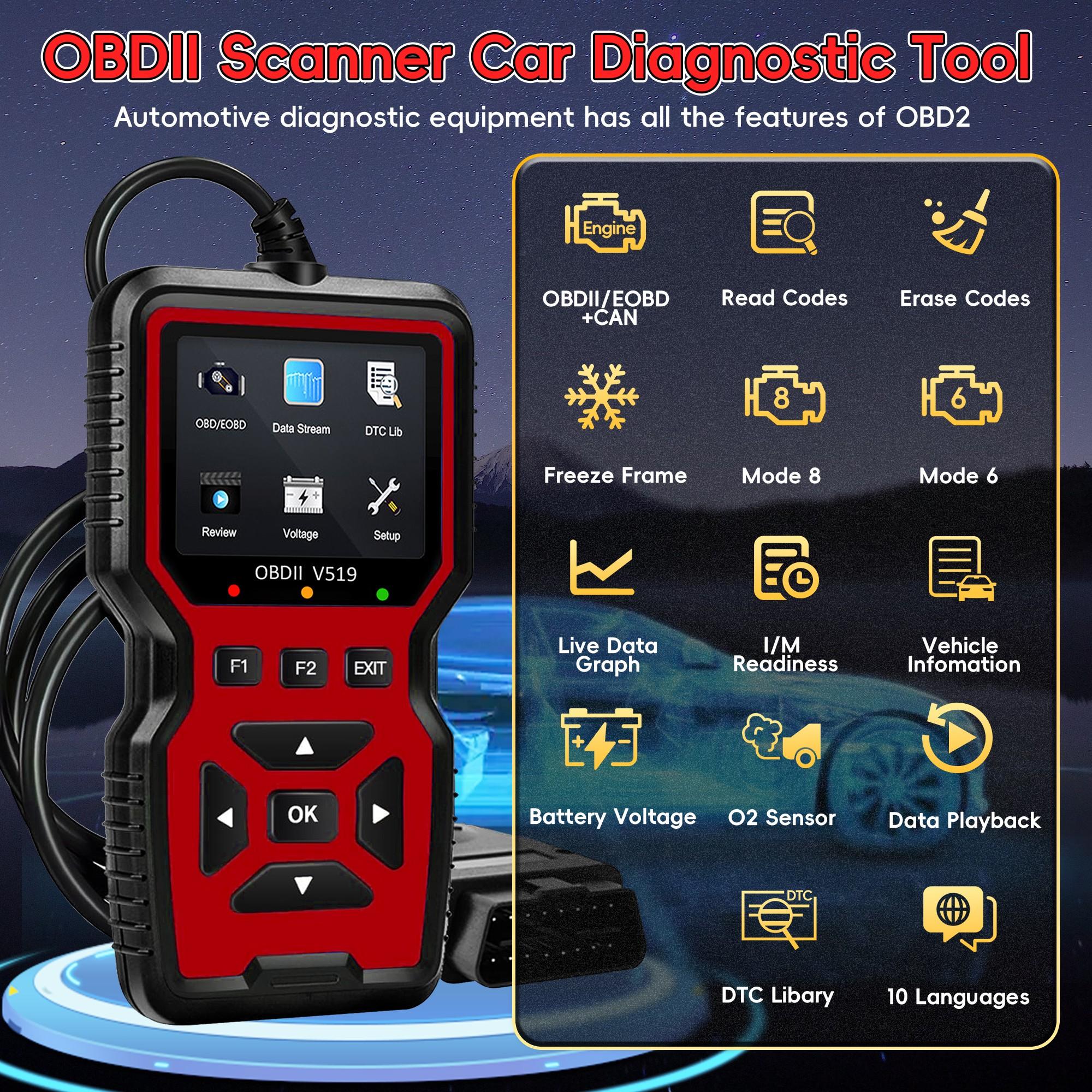 Car Obd2 Scanner Diagnostic Tool, Engine Code Reader, Reset Mode 6 & 8, I/m Ready, Light Duty Car Diagnostic Scan Tool