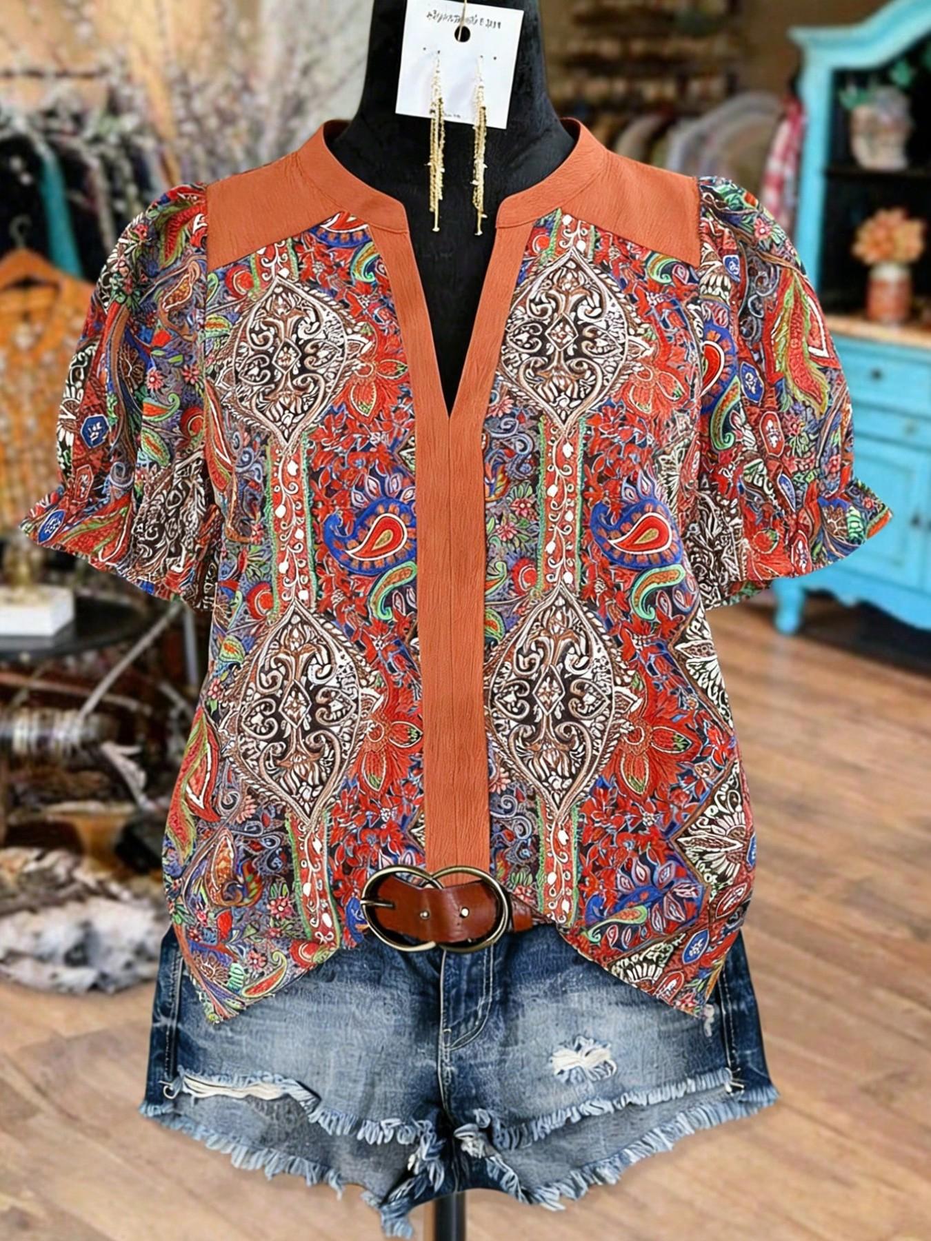 Plus Size Women's Vintage Patchwork Paisley Print V-Neck Chiffon Blouse, Shirts, Bubble Sleeve Loose Fit Short Sleeve, Boho Summer Top