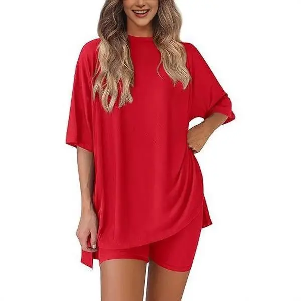 Women's 2 Piece Lounge Set Casual Oversized T-Shirt and Shorts Tracksuit Solid Color Pajamas Sleepwear