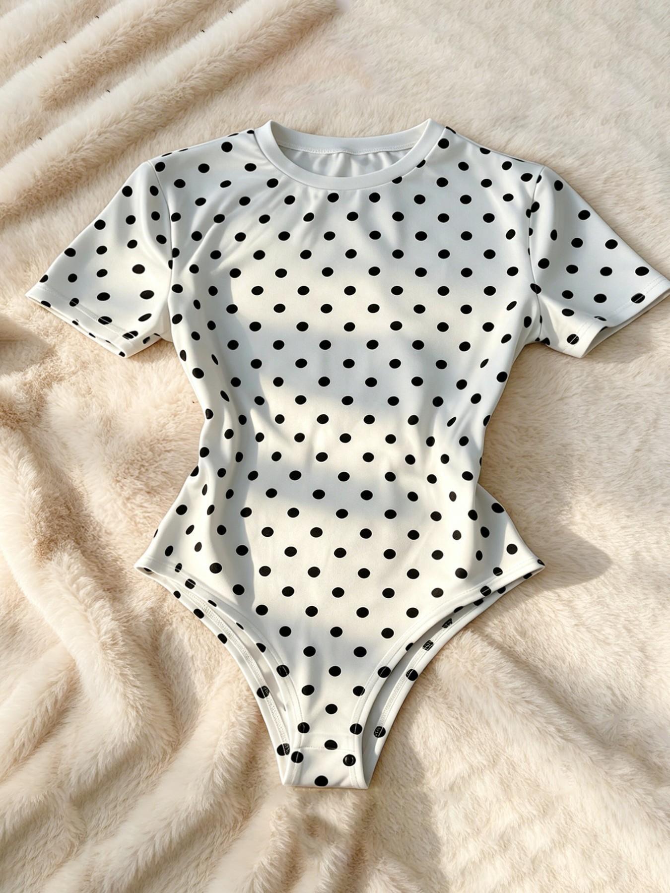 Women’s Short Sleeve Slim Fit Bodysuit, Bodycon Fitted Bodysuit, Casual Chic Aesthetic Polka Dot & Striped Print Crew Neck Bodysuit, Stretchy Soft Fabric, Versatile for Daily Wear and Summer Outfits, Fashion Womenswear