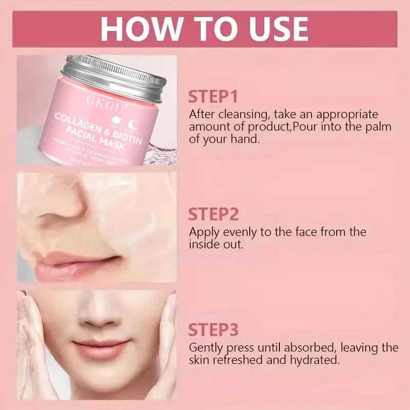 GKGU Collagen & Biotin Facial Mask - Hypoallergenic, Moisturizing & Antioxidant Rich, for All Light Beige Types, Daily & Night Use, Smooth Texture, Non-Greasy Formula, Skincare, Skincare Routine, Moisturizer