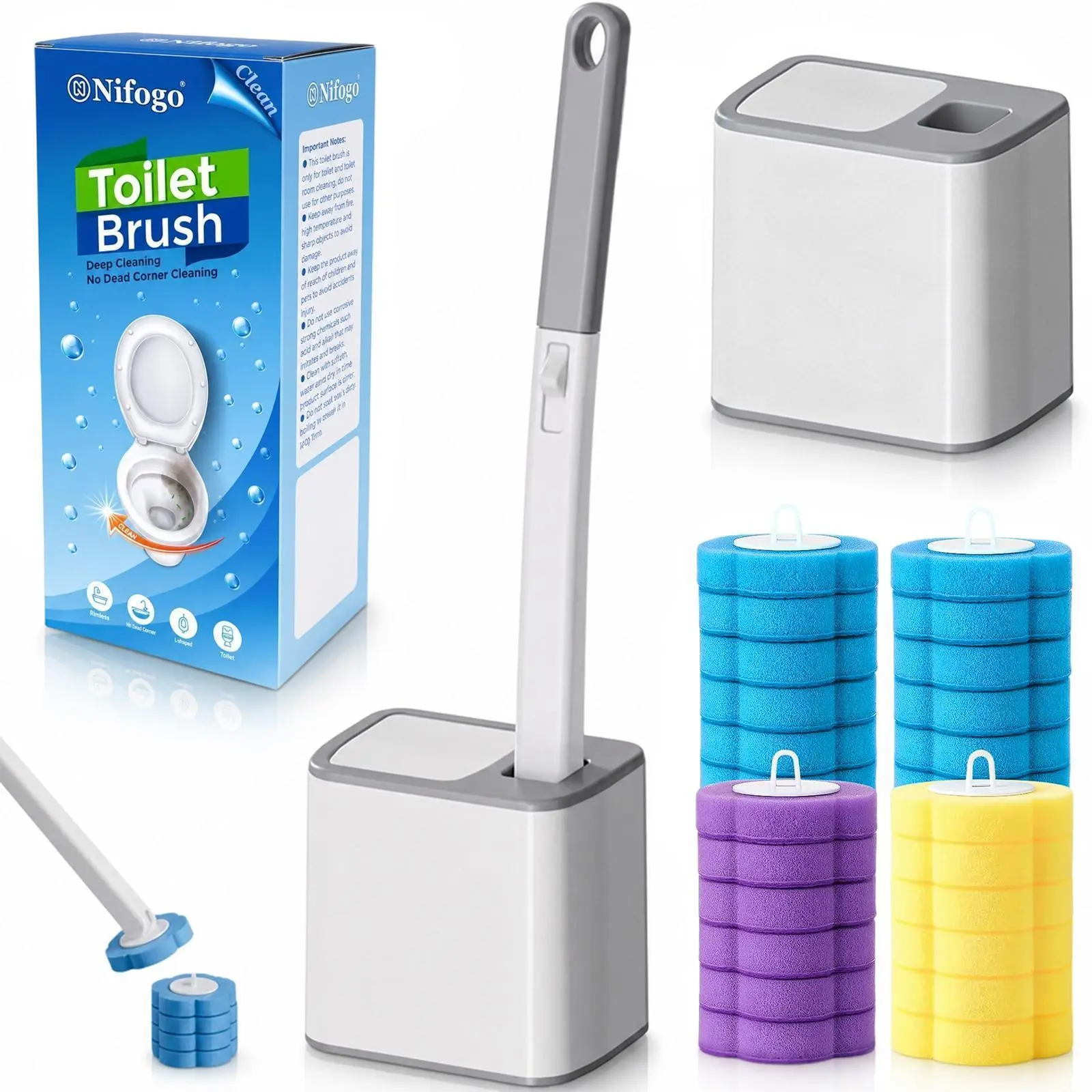Nifogo Auto-Flip White Toilet Cleaning System, Wall-Hanging Hygienic Bathroom Cleaning Tools with 24 Aromatic Replacement Heads, 15.7" ABS Handle for Daily Use & Deep Bowl Scrub
