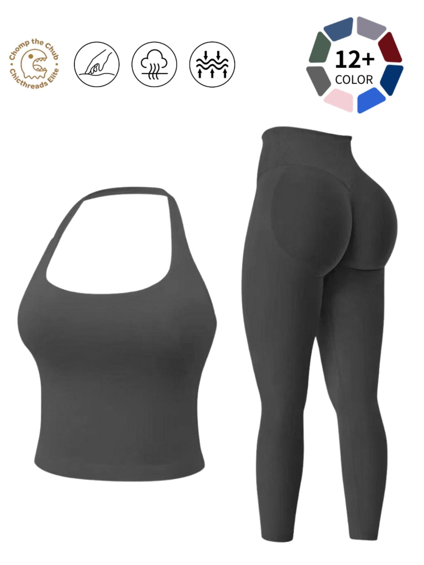 Halter Neck Backless Yoga Set - 12+ Colors, Seamless 2-Piece Workout Outfit with Butt Lifting Leggings, Buttery Soft & Squat-Proof for Gym, Yoga & Everyday Wear, Backless Gym Clothes, Workout Sets, Seamless Sport Clothing