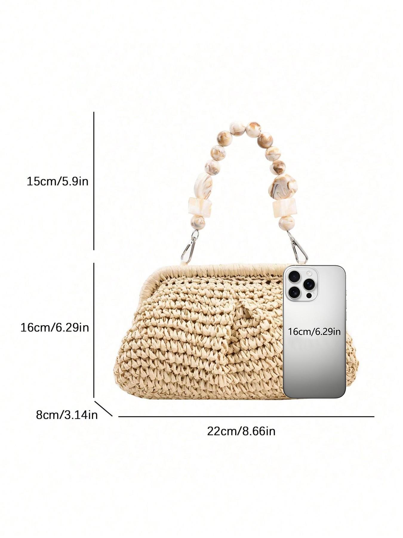 Seaside style simple and casual versatile straw woven handbag, bead hanging decoration, cloud pleated bag type, large storage capacity, vacation and leisure style, suitable for daily travel and dates.
