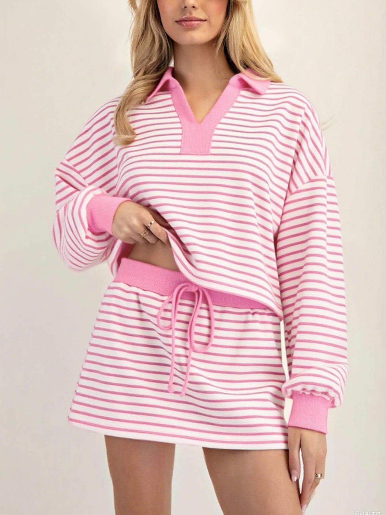 Women's Fashion Casual Striped Knit Top & Adjustable Drawstring Waist Skirt Set, Loose Fit Home Wear, Comfortable Two-Piece