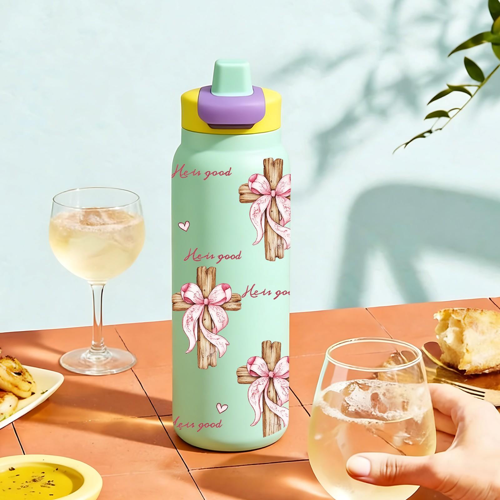 40oz Christian Faith Insulated Mug with Handle and Straw Lid, He Is Good Cross and Pink Bow Print, Double Wall Vacuum Thermal Mug for Hot and Cold Drinks, Large Capacity Car Travel Mug, Ideal Gift for Church Friends and Believers Tumbler