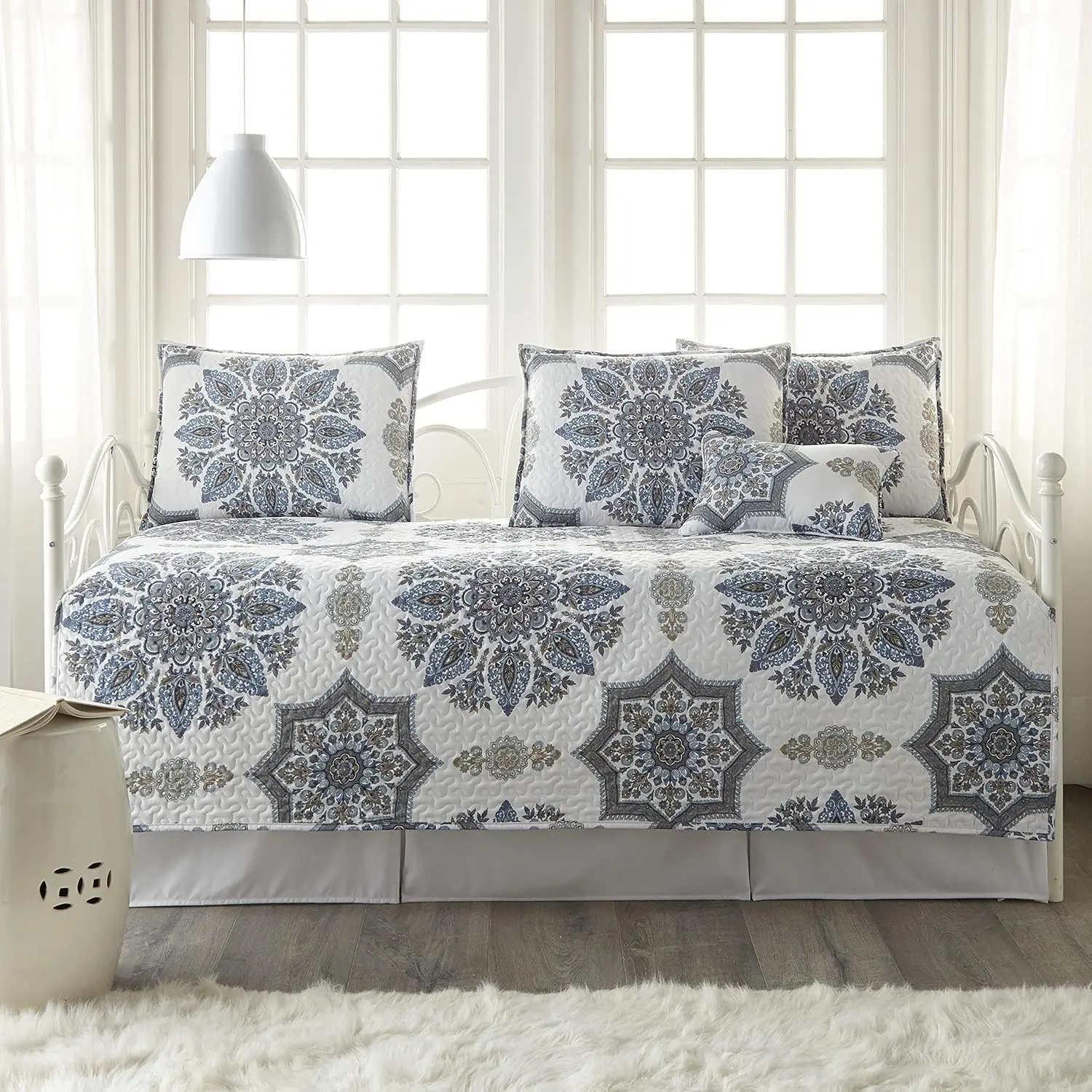 Twin Daybed Comforter Set, 6-Piece Twin Boho Bedding Set with Daybed Cover, 3 Pillow Shams, Bed Skirt, Throw Pillow - Day Bed Quilt Set, Infinity Blue