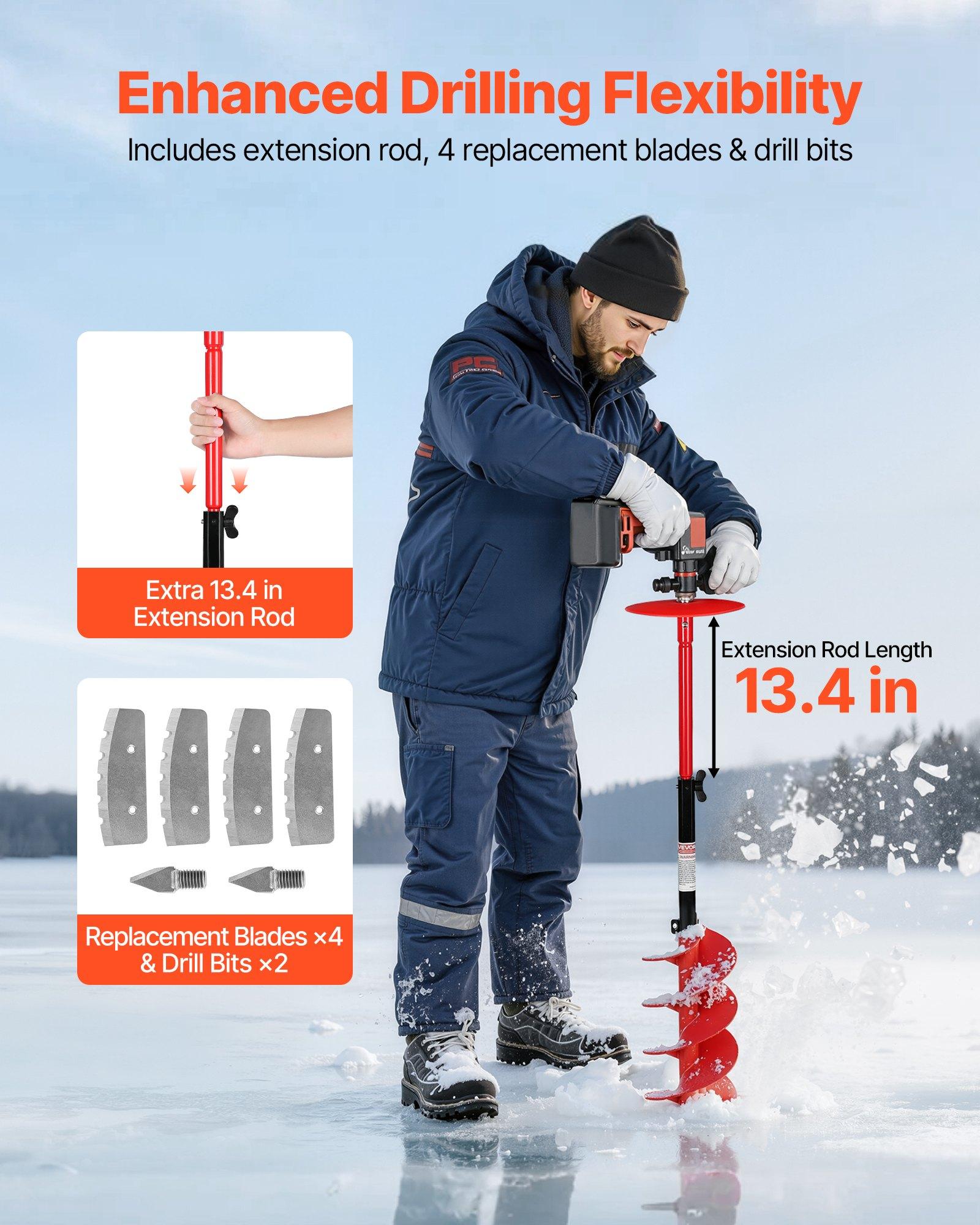 fathersdaygift  VEVOR Ice Auger Drill Bit, 8in Diameter 39in Length, Cordless Nylon Ice Fishing Augers With Extra 13.4in Extension Rod, Drill Adapter, Top Plate and Blade Guard