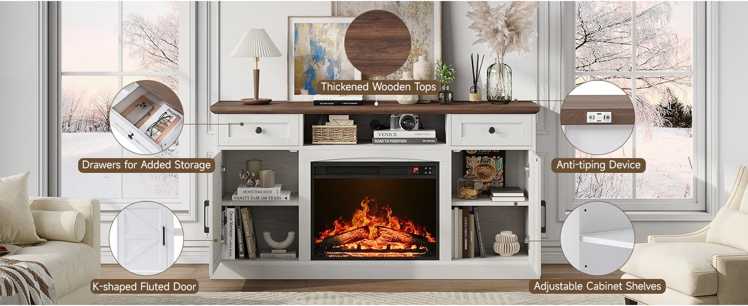 【Include 23" Electric Fireplace】ONBRILL 63"/70" Gorgeous Fluted Fireplace TV Stand for TVs up to 70", Modern Entertainment Center with Power Outlet , TV Media Console with Storage for Living Room, Bedroom Furniture,Christmas Gift