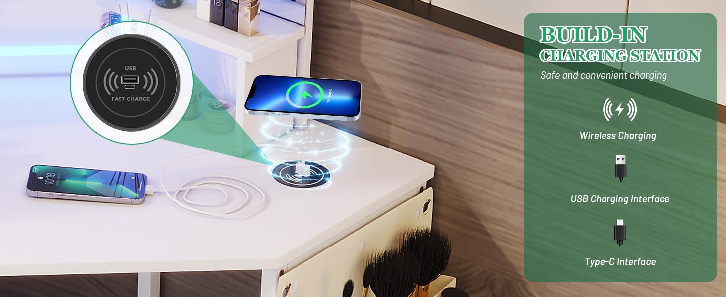 LVSOMT Vanity Desk with Mirror and Lights, Makeup Vanity with Charging Station, Dressing Table with 3 Lighting Options, Vanity Set with Drawers, Women’s Corner Vanity table, Grey