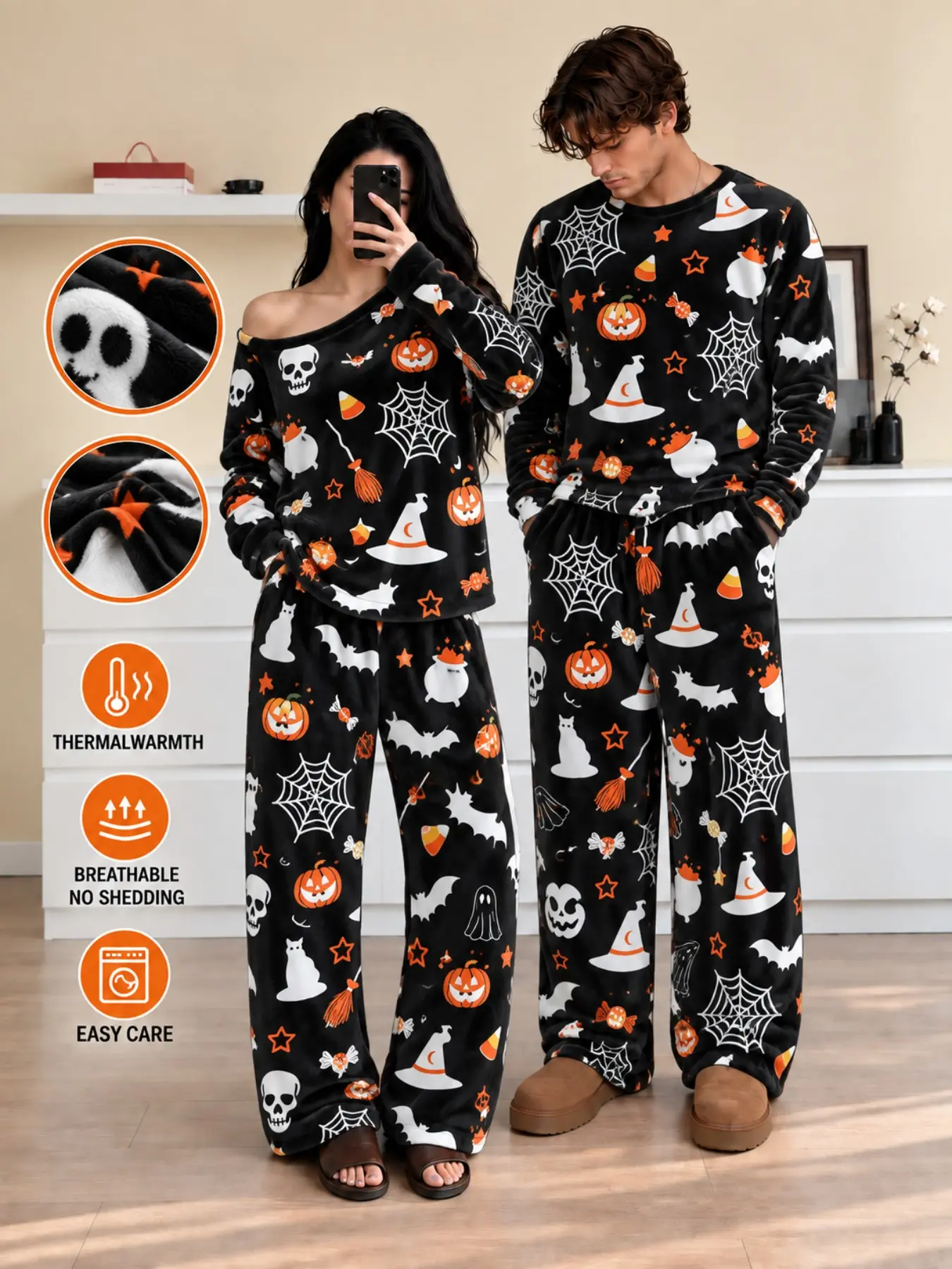 Matching Halloween Pajama Set for Women Men, Couples Holiday Sleepwear, Loose Fit Long Sleeve Top and Wide Leg Pants, Soft Warm Breathable Fabric, Black Pumpkin Bat Spider Web Witch Hat Skull Print Loungewear for Halloween Parties, Photos & Cozy Nights